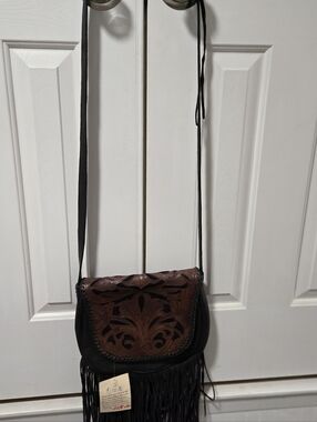Kobler Inc. Black & Brown Tooled Leather Fringe Crossbody Bag, 12"×10"